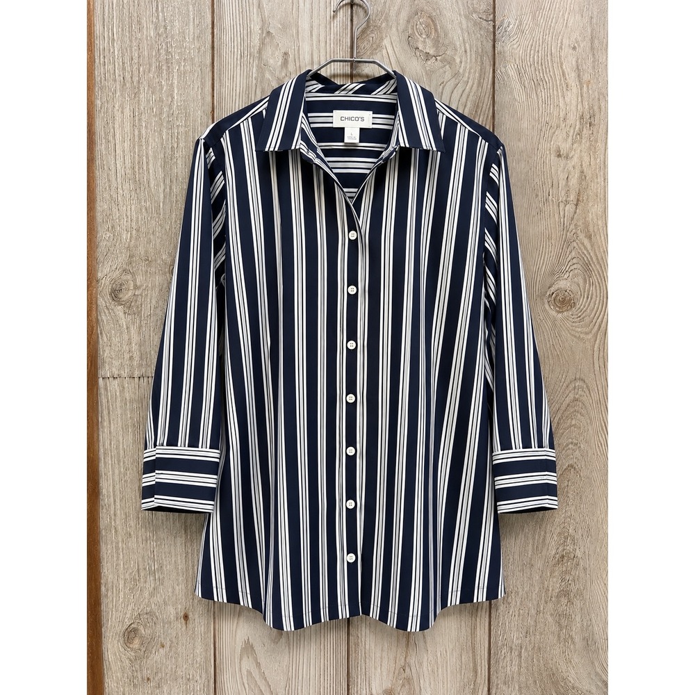 Chico's 3 US 16 Navy Blue White Vertical Stripe Button Down 3/4 Sleeve Shirt